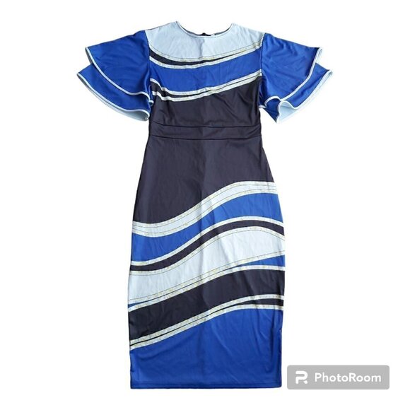 NWOT Elegant Blue Geometric Pencil Dress - Picture 1 of 5